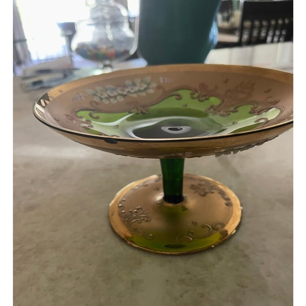 Vintage bohemian green glass candy dish platter handpainted
